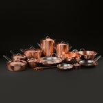 Complete copper cookware set: every Kingdom piece with lids on, from stock pots to mixing bowls and skillets