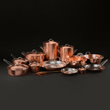 Complete copper cookware set: every Kingdom piece with lids on, from stock pots to mixing bowls and skillets