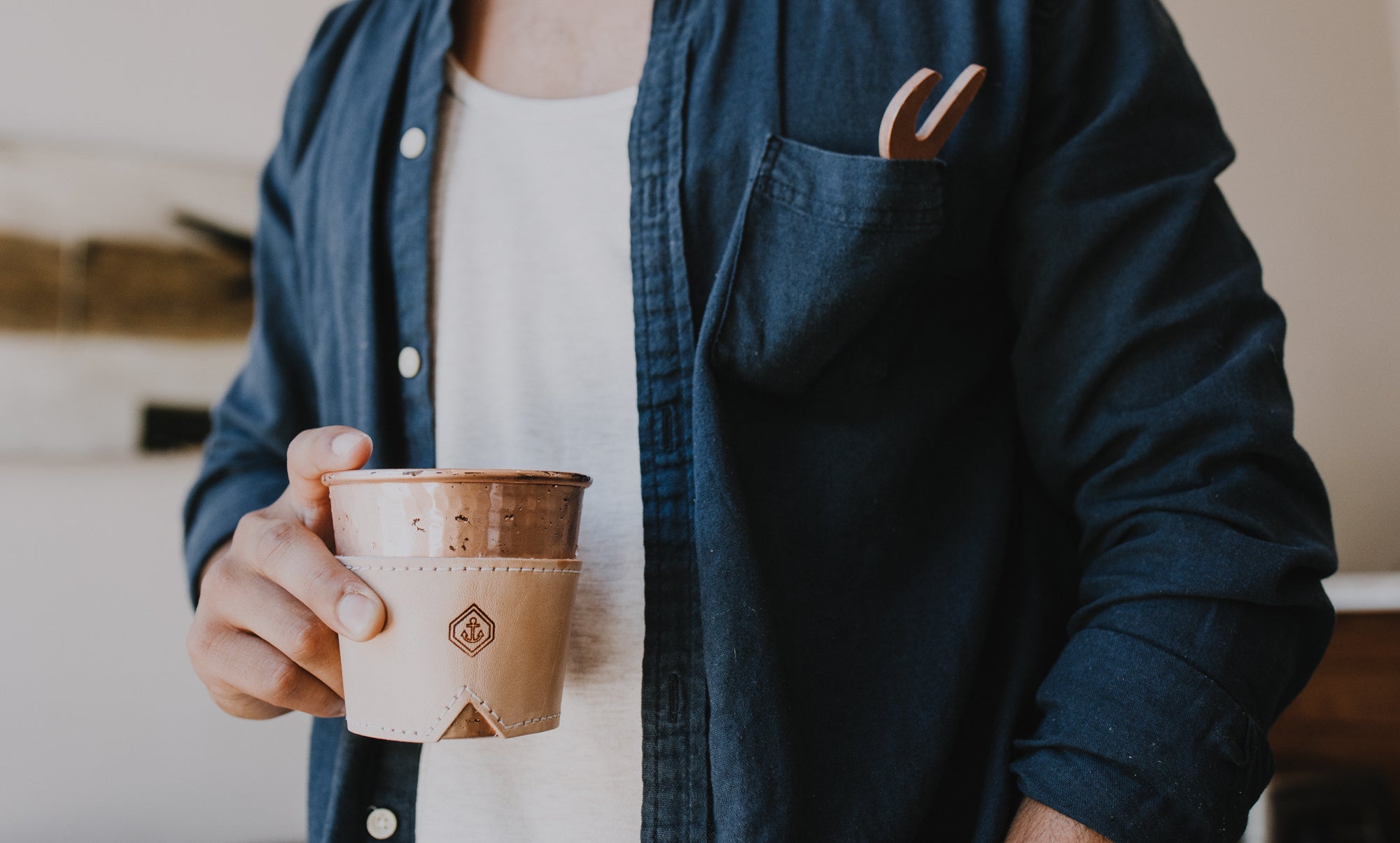 Hammered copper cup leather sleeves set