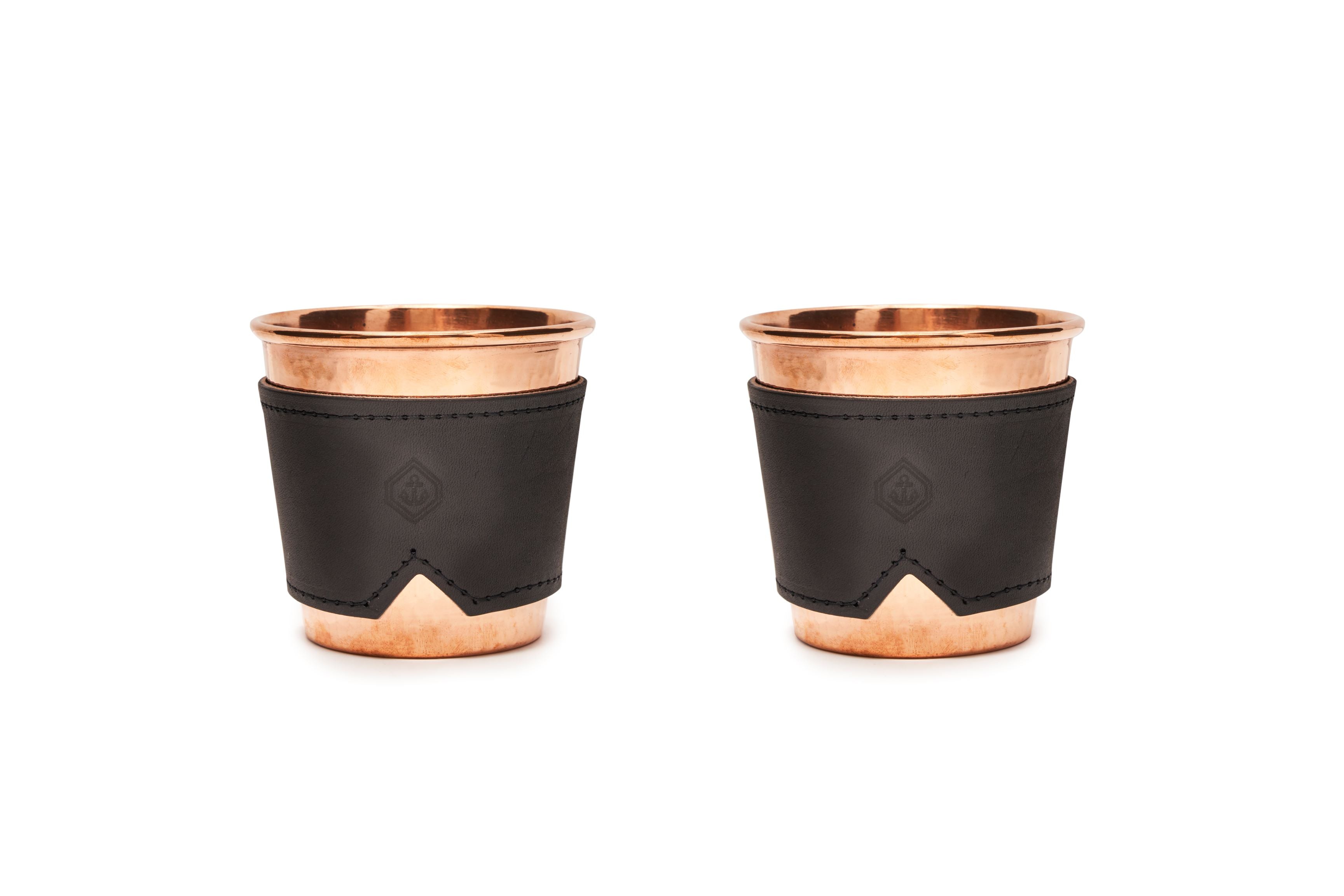 Hammered copper cup leather sleeve set
