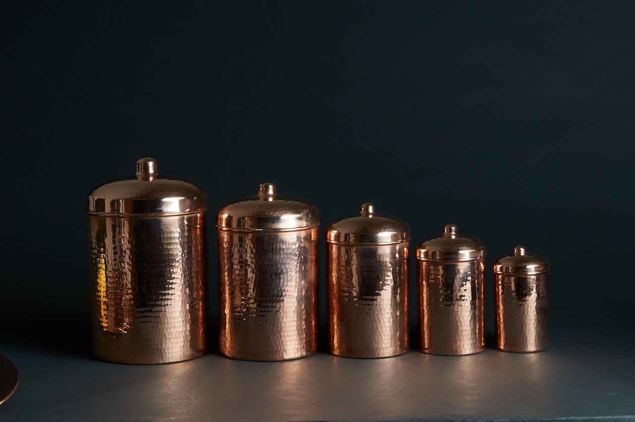 Copper Kitchen Canisters - Complete 5 piece Set - Sertodo