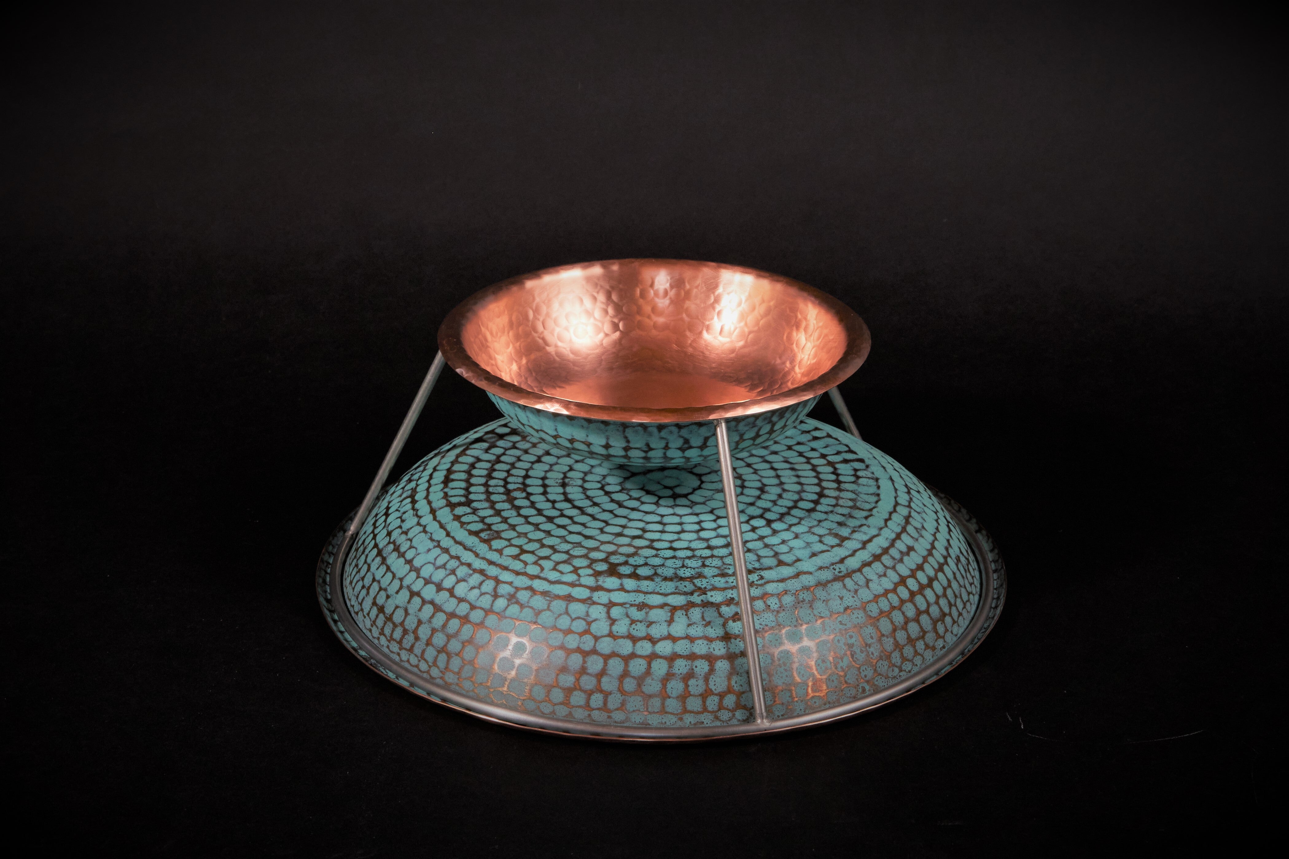 Copper Serving Tray 6 inch on stand above 10 inch